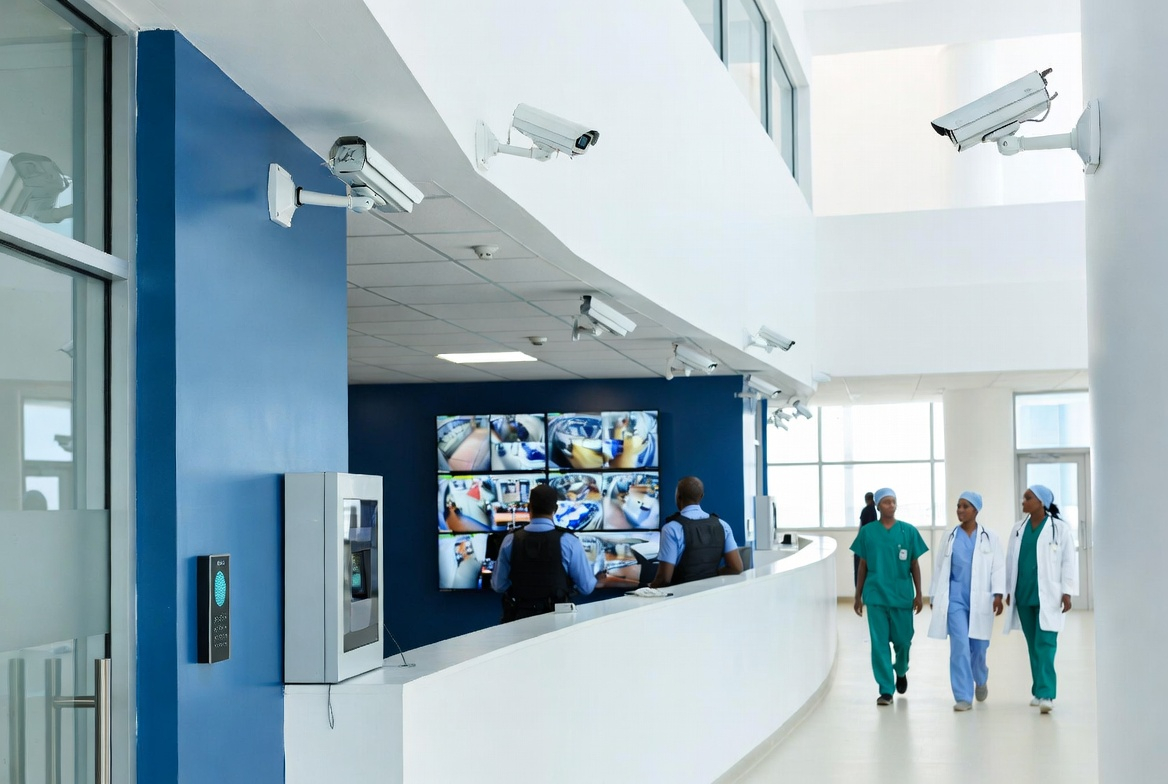 Healthcare staff in a hospital corridor with security cameras overhead